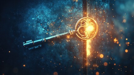 Magical Antique Key Shining Light on Mystical Background with Sparkling Effects and Enigmatic Atmosphere