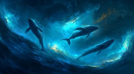 Three whales leap through a glowing, cosmic ocean