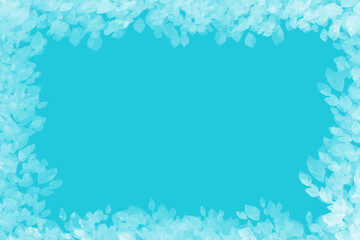 Watercolor frame vignette with white leaves on soft blue background. Template for requests, holy day design, spring leaves, branding, backgrounds and environmental projects. It has a copy space. 