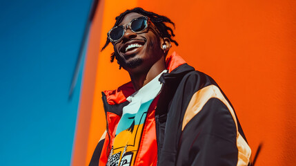 Stylish and confident young man with dreadlocks smiling and wearing cool sunglasses against a vibrant orange and blue background capturing the joy and excitement of an urban outdoor lifestyle