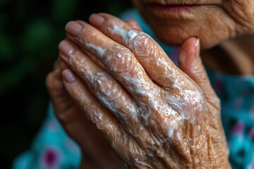 A close-up of elderly hands covered in soap lather, gently rubbing together.