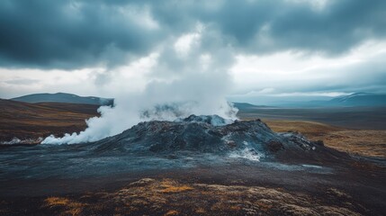 Obraz premium Ethereal volcanic landscape with rising plumes and dramatic sky scape