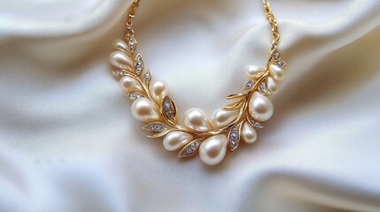 Luxury Pearl Necklace on White Satin Background