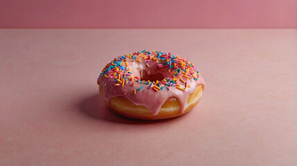 A donut with pink icing and colorful sprinkles sits on a pink surface, looking sweet and appealing.