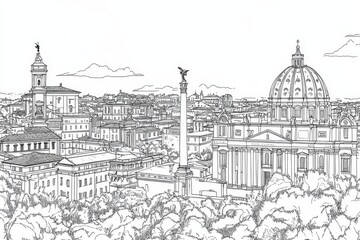 Obraz premium Roman Skyline Drawing: A Coloring Page - Single line drawing of Rome's cityscape, featuring iconic buildings, a column, and a sprawling urban landscape. Evokes history, architecture, travel, art