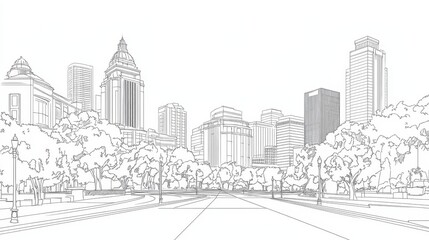 Fototapeta premium Sacramento Cityscape Line Drawing - Single line drawing of a city park with skyscrapers, symbolizing urban nature, architectural design, city planning, tranquility, and urban development