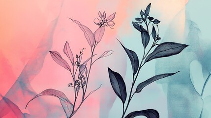 A stylized illustration of botanical elements against a soft, colorful background.
