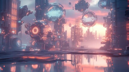 Futuristic Cityscape with Hovering Spheres and Neon Lights at Sunset Reflection in Water