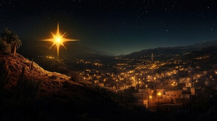 Starry night over bethlehem with bright star illuminating the town