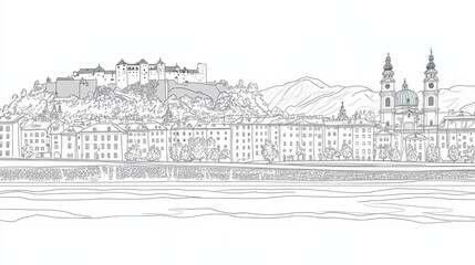 Salzburg Austria Cityscape Line Art - Single line drawing of Salzburg Austria, symbolizing history, architecture, nature, tourism, and culture