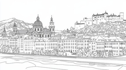 Fototapeta premium Salzburg Austria Cityscape Line Drawing - Single-line drawing of Salzburg's cityscape, symbolizing architecture, history, mountains, river, and culture. A charming coloring page