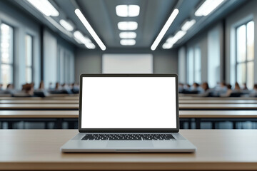 A high-resolution image of a laptop with a blank white screen placed on a desk in a modern lecture hall.
