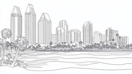 Naklejka premium San Diego Skyline Line Art Coloring Page - Single line drawing of San Diego's cityscape, featuring iconic buildings, palm trees, and ocean waves. Symbolizes urban beauty, coastal living