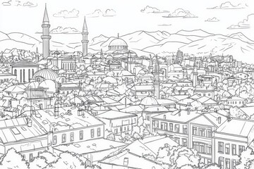 Fototapeta premium Sarajevo Skyline Drawing Coloring Page - Single line drawing, coloring page of Sarajevo, Bosnia and Herzegovina cityscape. Illustrates architecture, mountains, nature