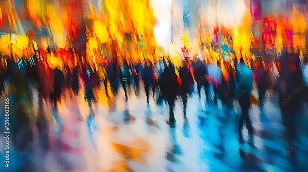 Aufkleber the vibrant fast paced motion of a crowded city street at night captured in a blurred colorful abstr