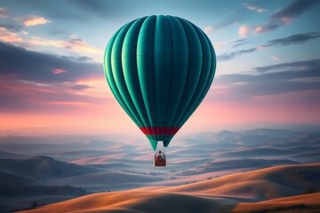 Obraz premium Soaring High: A vibrant hot air balloon gracefully ascends against a breathtaking sunset canvas, promising adventure and freedom.