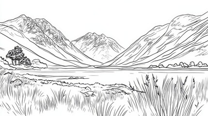 Serene Mountain Lake Drawing - A simple line drawing of a tranquil lake nestled between majestic mountains, showcasing a peaceful landscape