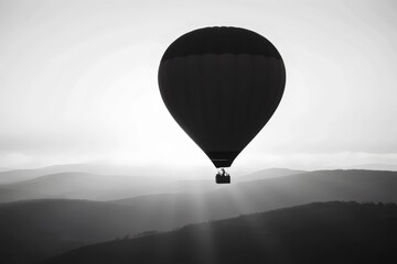Soaring Silhouette: A hot air balloon, a beacon of adventure, ascends gracefully, its dark silhouette contrasting the bright sky, evoking dreams of flight and freedom.