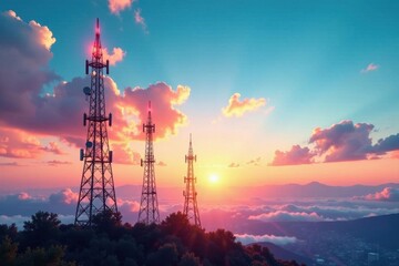 Fototapeta premium Panoramic vista of interconnected communication towers against the sky, space, antenna, landscape