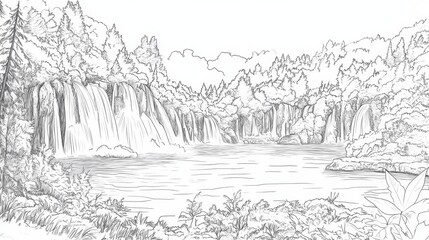 Serene Waterfall Landscape - A peaceful pencil sketch depicting a cascading waterfall flowing into a tranquil lake surrounded by lush forests