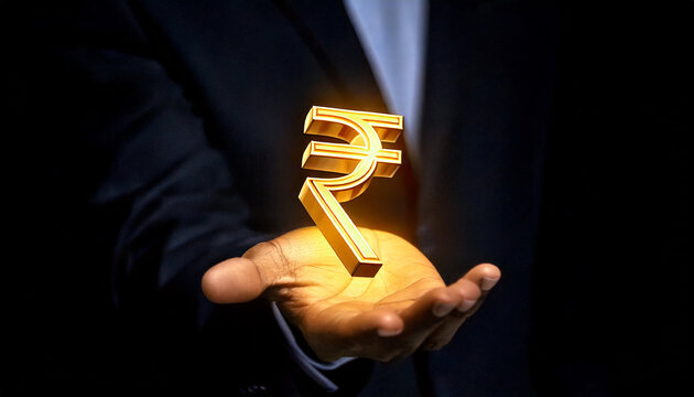 Black African businessman hand in suit with 3D golden Indian rupee sign symbol floating hovering in opened palm 