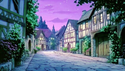 Obraz premium Enchanted Village at Dusk with Quaint Houses, Lush Greenery, Cobblestone Streets, and Stars in a Beautiful Purple Sky