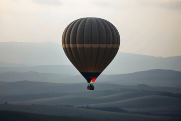 Obraz premium Ascension's Embrace: A solitary hot air balloon ascends gracefully against a soft, pastel-hued sky, offering a breathtaking panorama of rolling hills and distant landscapes.