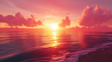 Obraz premium Vibrant Sunset Over Calm Ocean Waters with Stunning Cloud Reflections and Warm Color Palette