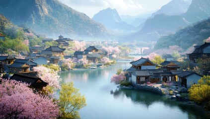 Fototapeta premium Serene Spring Landscape with Blooming Cherry Trees Surrounding Tranquil River and Traditional Architecture in Majestic Mountain Setting