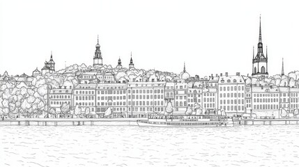 Fototapeta premium Stockholm Skyline Drawing - Single line drawing of Stockholm's cityscape, featuring buildings, water, and trees. Symbolizing urban beauty, Scandinavian architecture, cityscapes, travel, and history