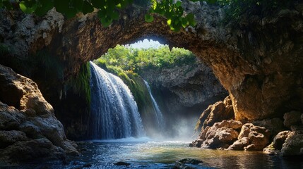 Fototapeta premium Beautiful cascading waterfall flowing through rocky archway surrounded by lush greenery and serene blue water in tranquil nature setting