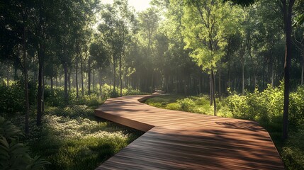 A serene nature conservation area with a wooden boardwalk winding through a dense forest, surrounded by vibrant greenery and wildlife, promoting environmental preservation and responsible tourism. 