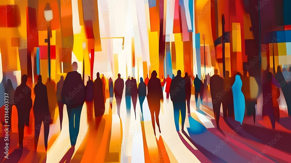 Aufkleber vibrant abstract image depicting the dynamic silhouettes of commuters and pedestrians in a bustling 