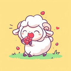 Cute Sheep Eating Berries, Pastel Background