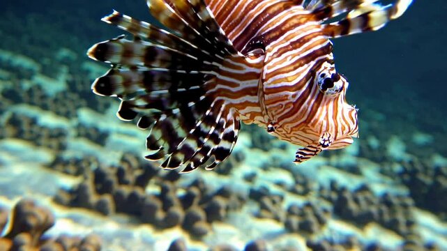 Venomous red lionfish gliding through vibrant blue waters, showcasing intricate striped pattern near colorful coral reef ecosystem