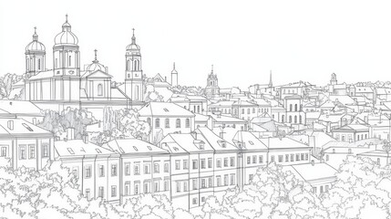 Obraz premium Vilnius Lithuania Cityscape Line Drawing - Single line drawing of Vilnius cityscape, symbolizing architecture, history, urban life, culture, and tourism