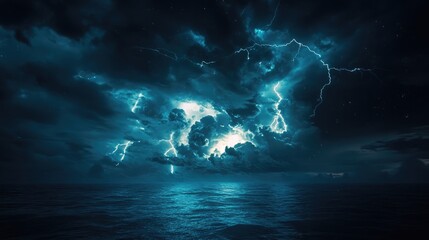 Dark Stormy Sky Over Ocean with Lightning Strikes Illuminating Dramatic Clouds and Water Surface At Night
