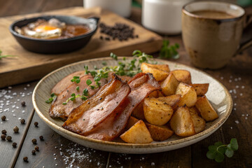 Traditional Irish breakfast with crispy bacon and roasted potatoes