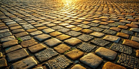 Golden Hour Cobblestone Pathway A Textured Perspective of Interlocking Stones at Sunset