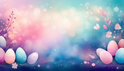 Dreamy watercolor background with soft blue and pink gradients, scattered Easter symbols, and a luminous glow, creating a gentle, heartfelt atmosphere perfect for Easter messages.
