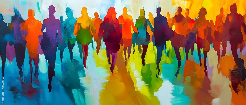 Poster Vibrant and colorful silhouetted crowd of anonymous figures in a dynamic blurred city scene with a sense of motion and energy