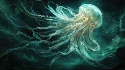Ethereal Jellyfish Gliding Through a Mystical Ocean with Glowing Tentacles and Dreamlike Background