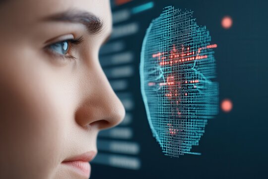 Female analyzing digital face recognition interface with holographic data display - Powered by Adobe