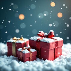 Snow-covered gift boxes, winter scene, festive snowfall , festive gifts, peaceful, white
