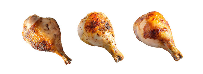 A fresh roast chicken leg with crispy skin, placed on a  transparent background
