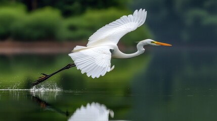 Great Egret in Flight over Serene Lake
