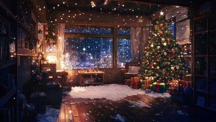 Obraz premium Cozy Christmas Living Room with Decorations and Snow Outside
