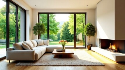 Fototapeta premium Modern Living Room Design with Expansive Glass Walls and Serene Garden Views