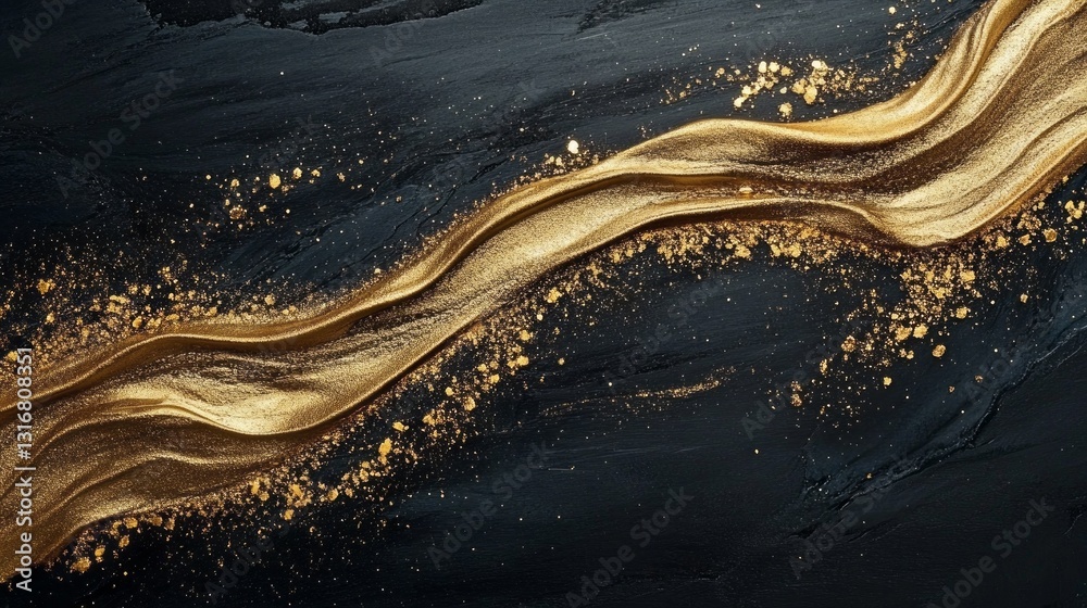 Poster rich golden swirls cascade across a dark surface, blending with sparkling particles to evoke a sense