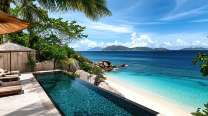 Fototapeta premium Serene Beachfront Retreat with Infinity Pool Overlooking Crystal Clear Water and Lush Greenery